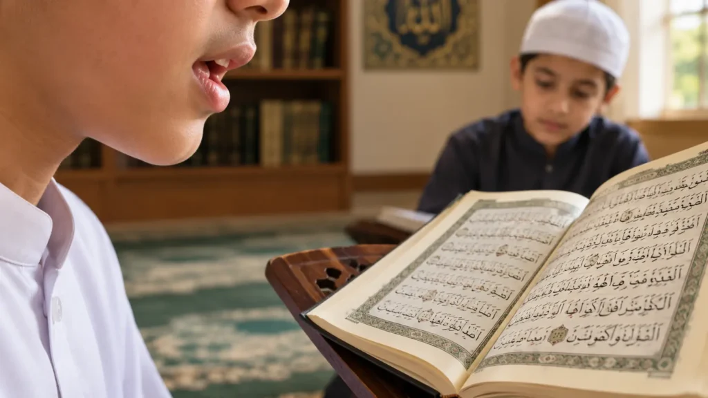 Muslim learning Tajweed rules for correct Quran recitation