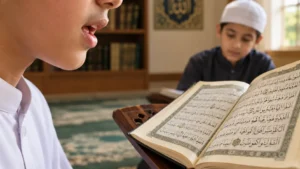 Muslim learning Tajweed rules for correct Quran recitation